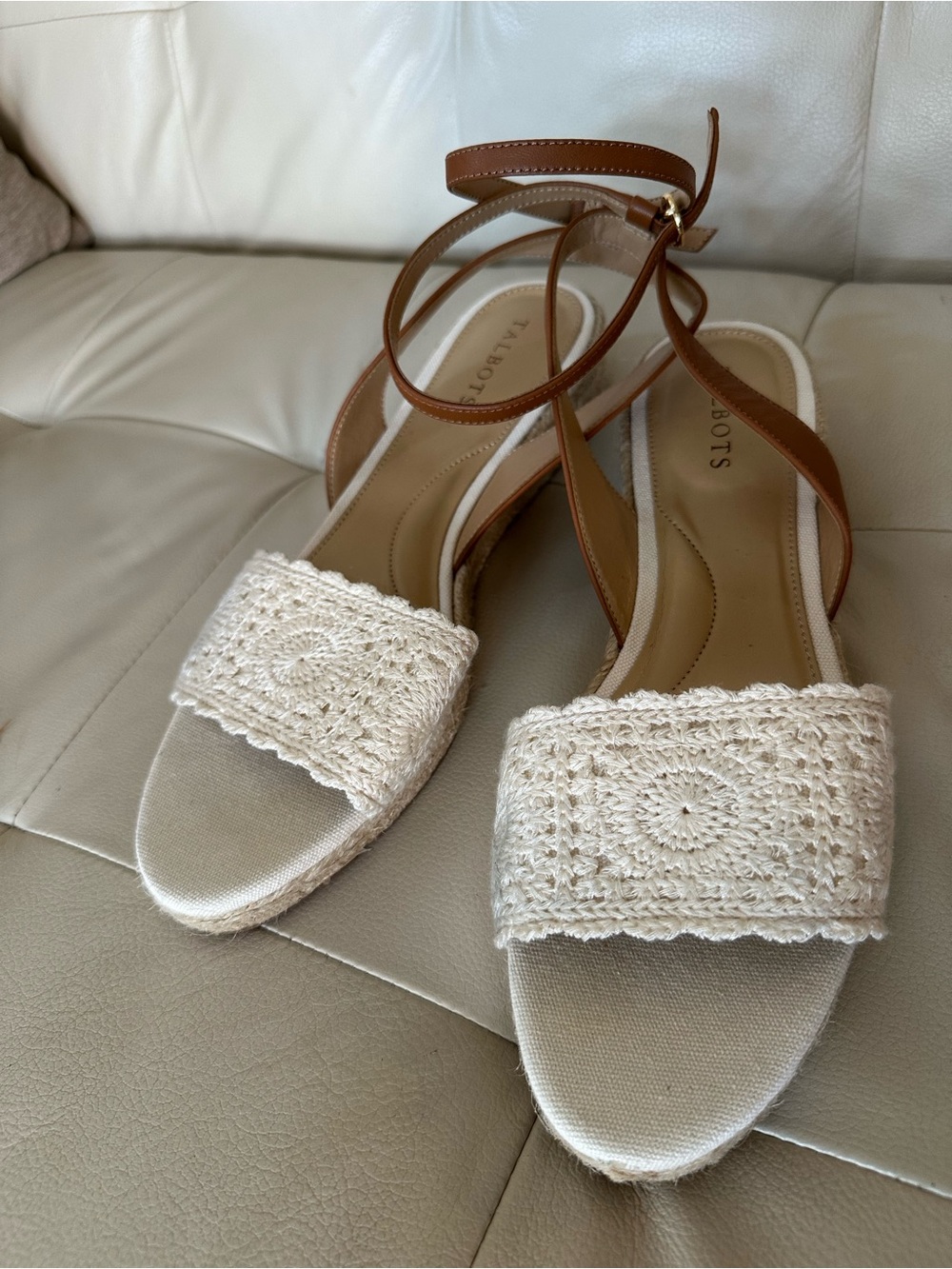 Talbots Cream Espadrille Wedges with Brown Ankle Straps - Picture 2 of 5